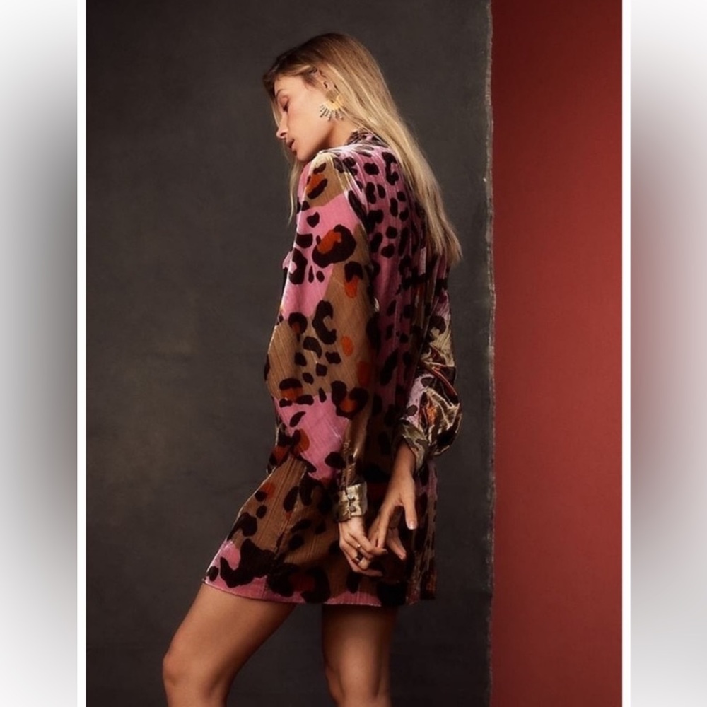 Anthropologie Vibrant Pink and Brown Patterned Dress